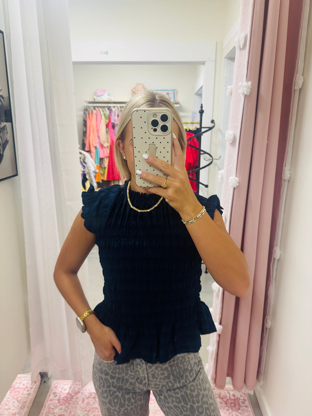 Navy Smocked Peplum Top