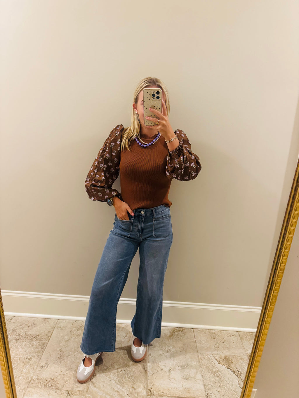 Floral Scalloped Knit Brown Top