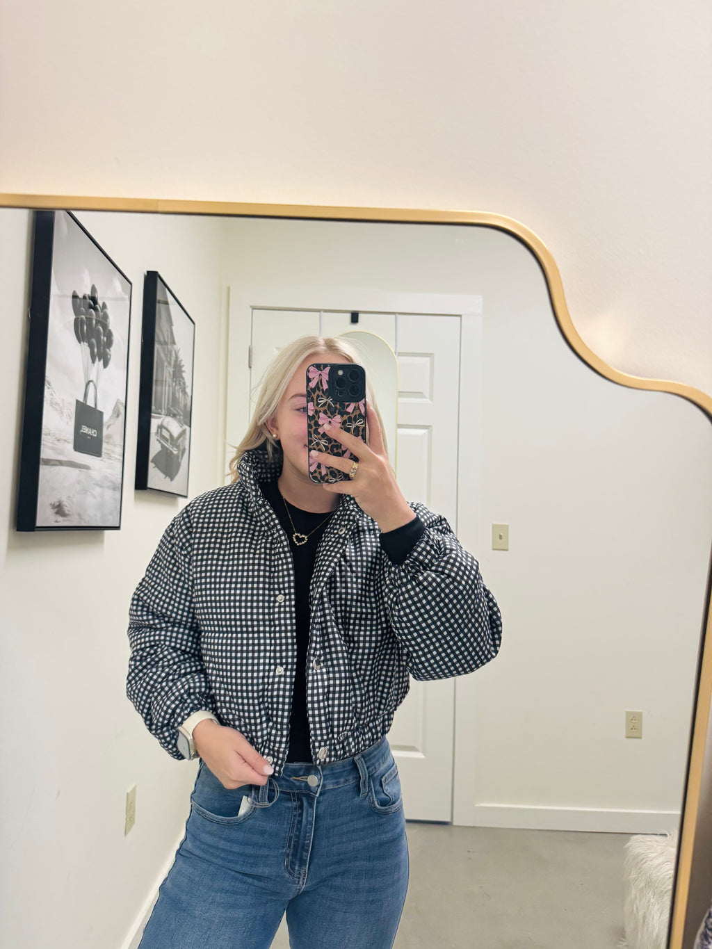 Black Gingham Puffer Jacket