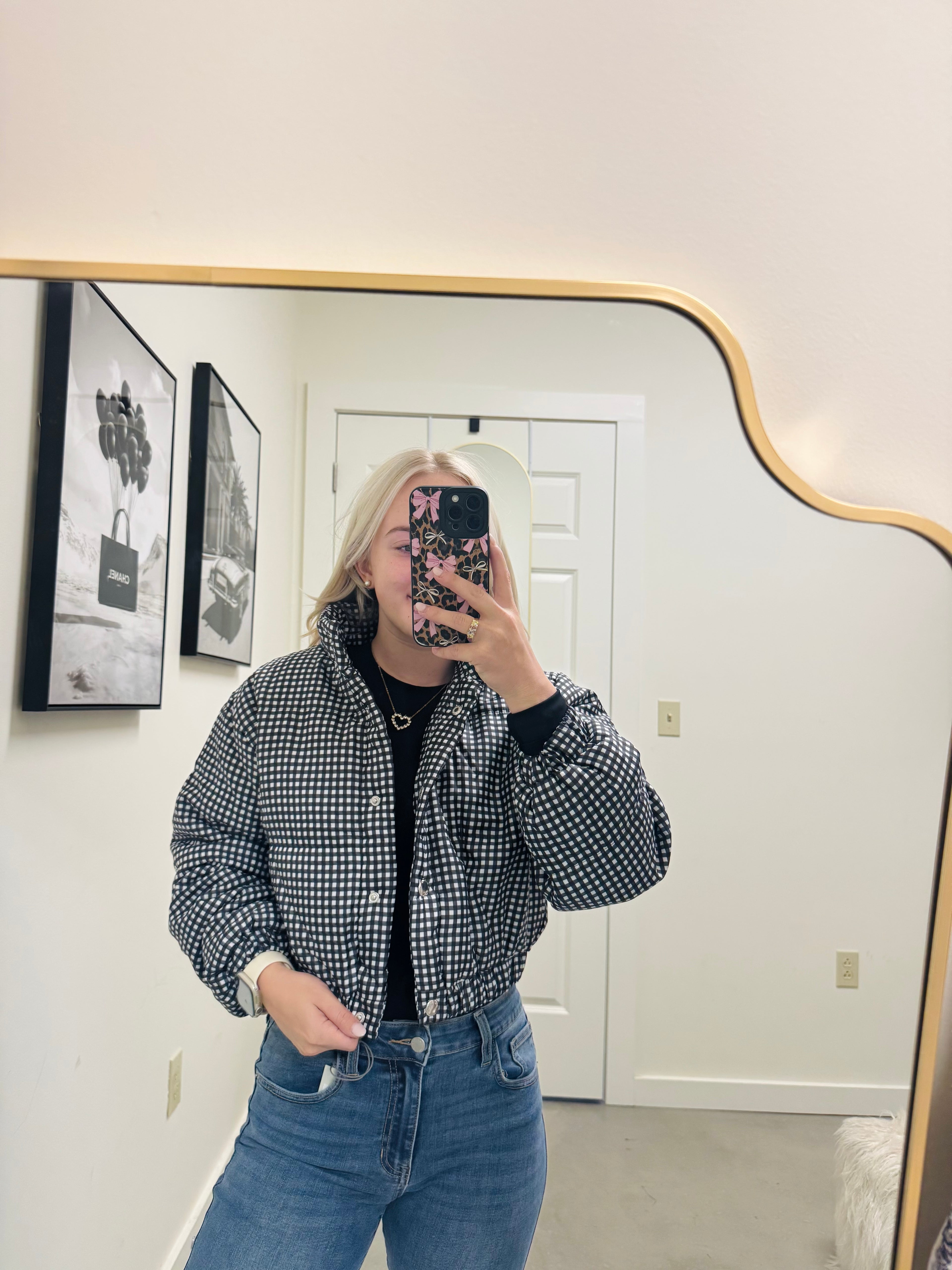 Black Gingham Puffer Jacket