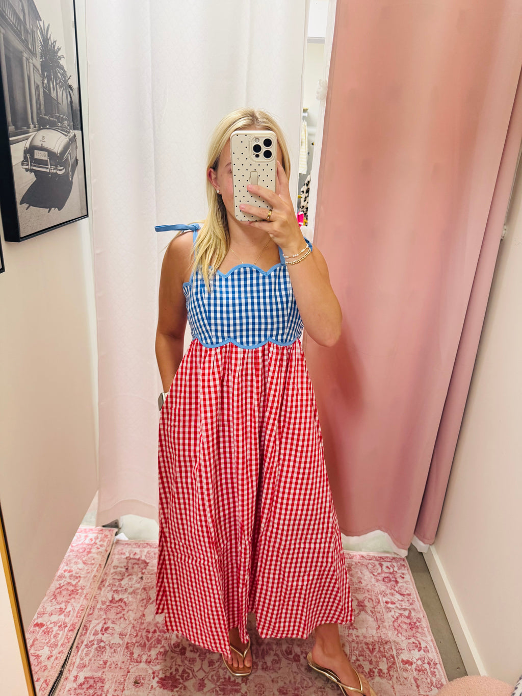 Cherry and Blue Gingham Maxi Dress