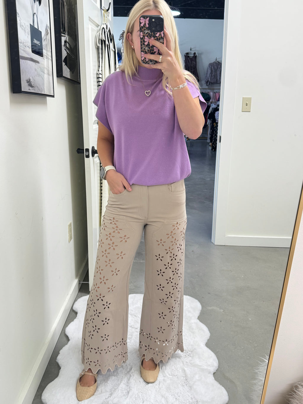 Sand Eyelet Wide Leg Pants