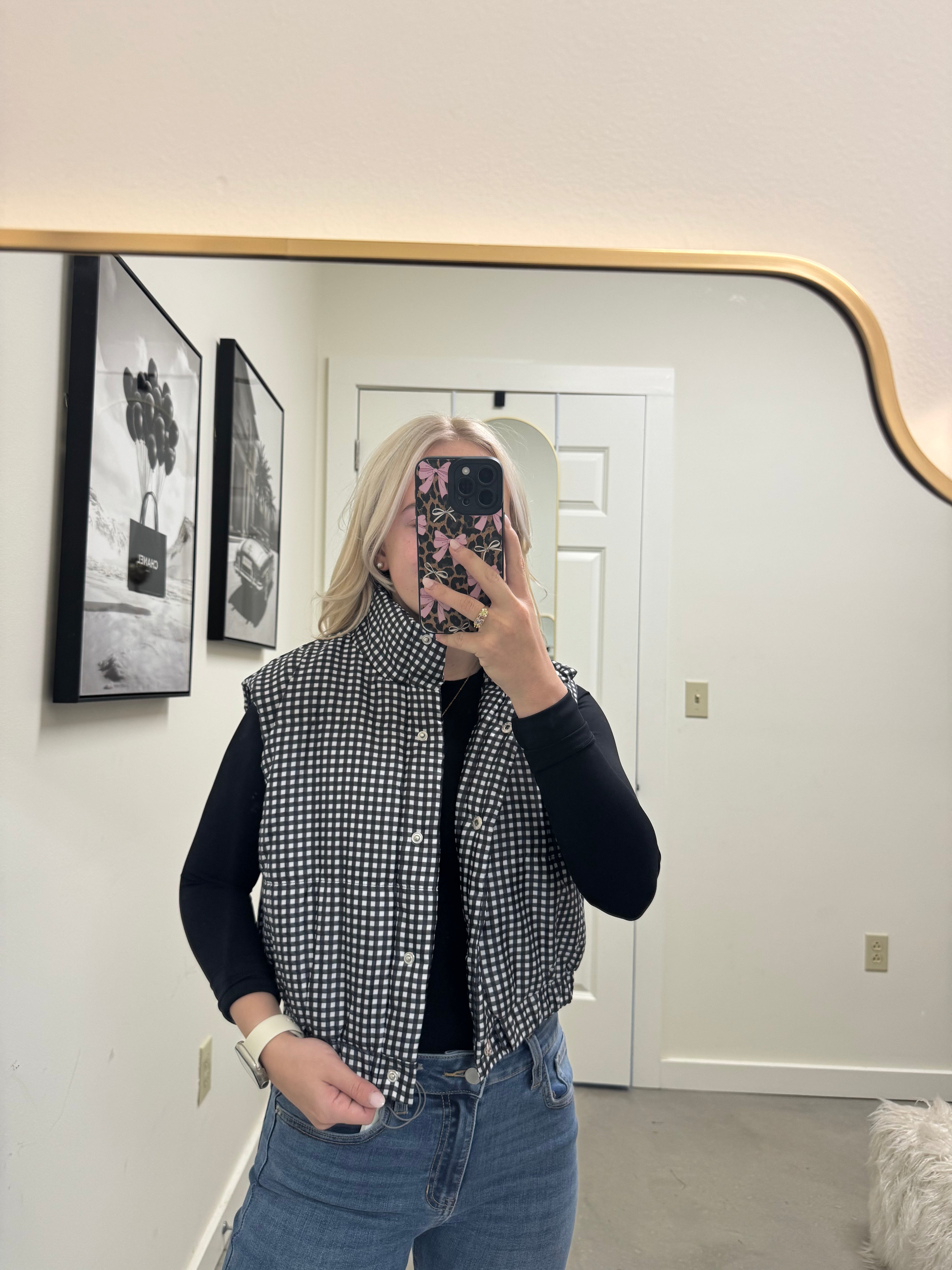 Black Gingham Puffer Vest