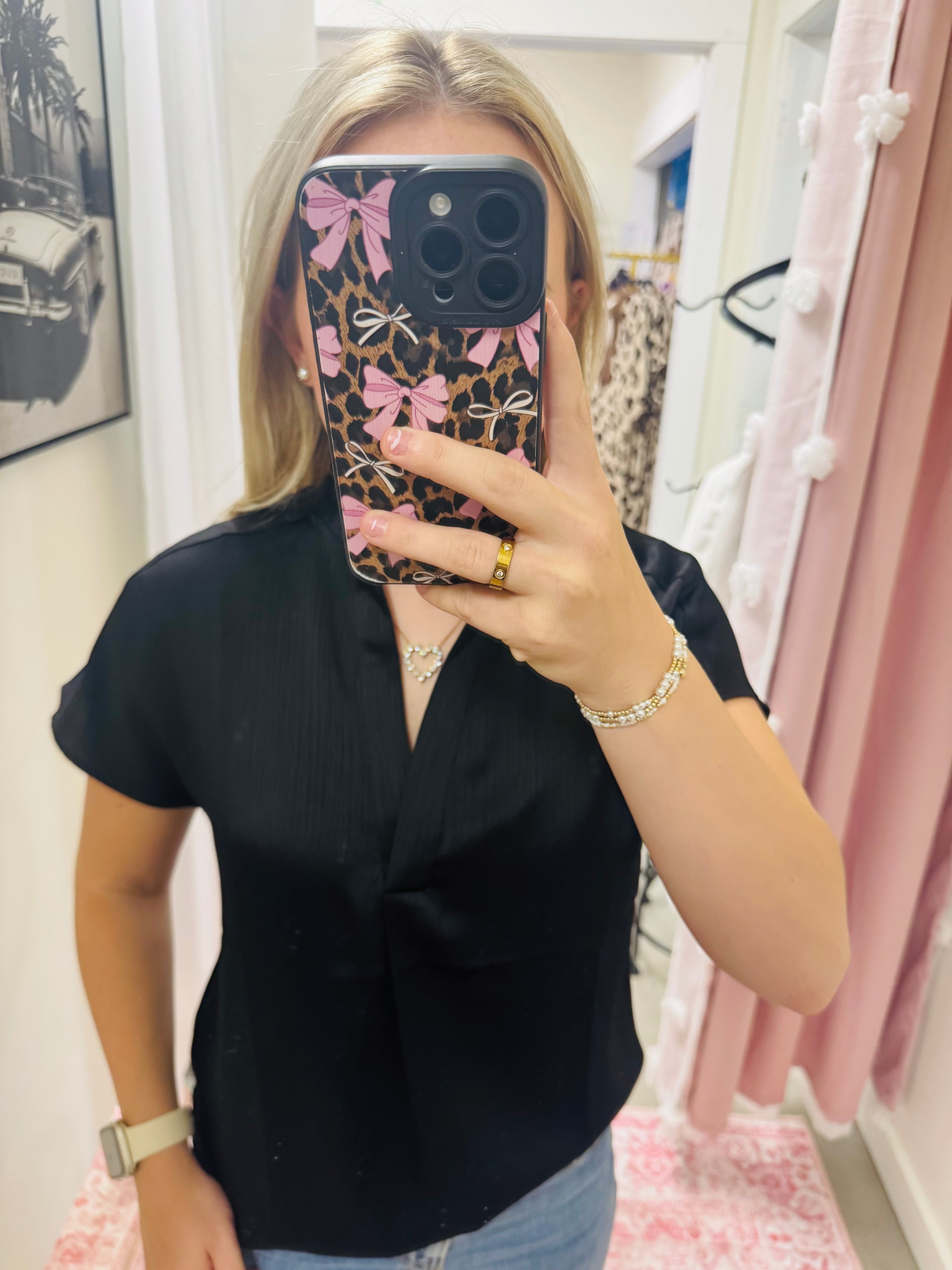 Black Crinkle Satin Blouse