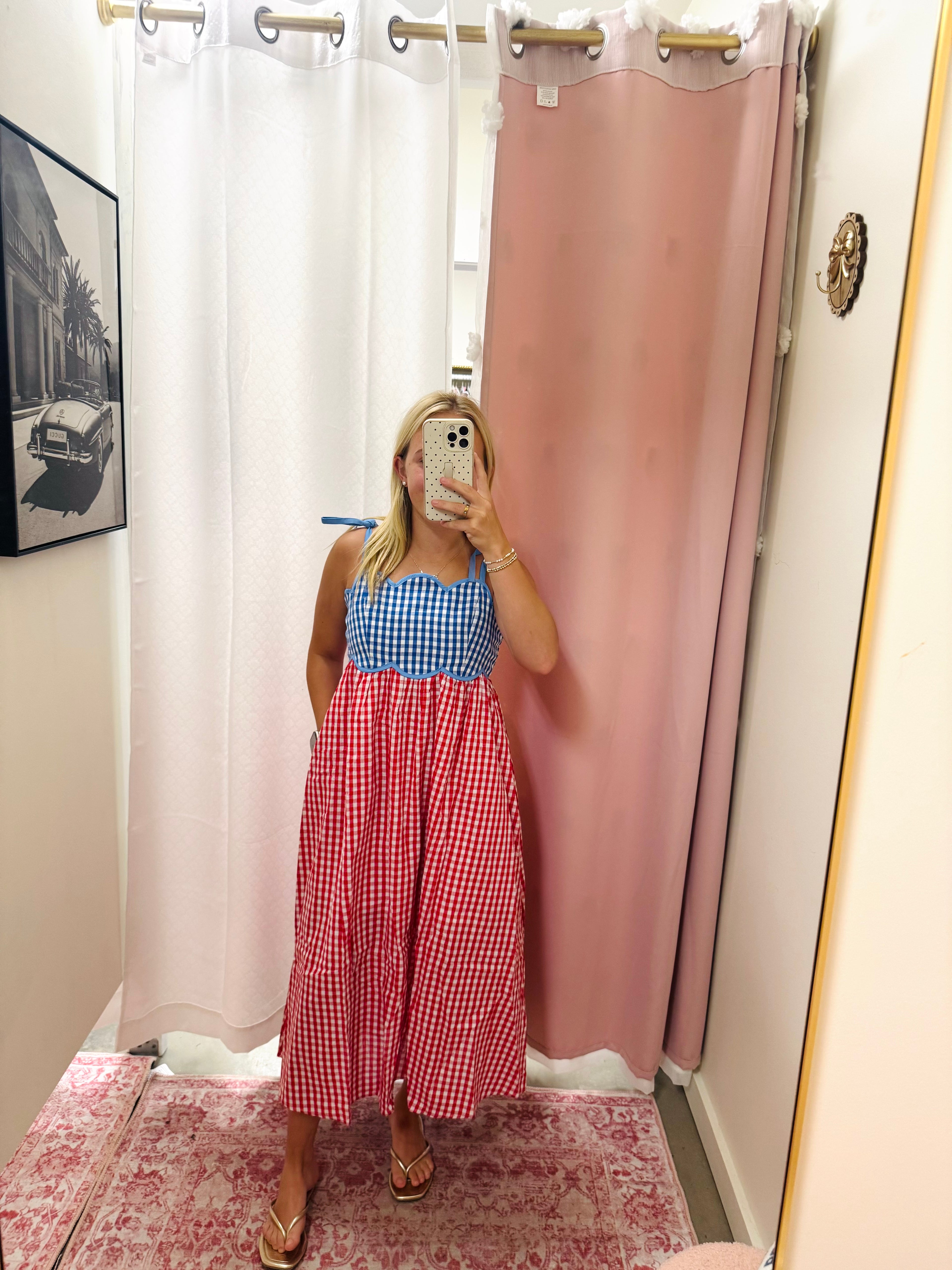 Cherry and Blue Gingham Maxi Dress