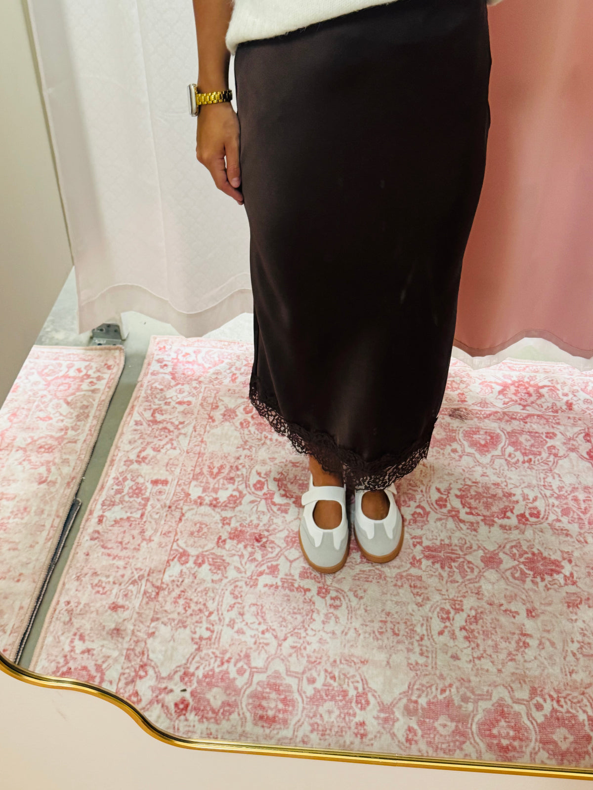 Brown Satin Lace Midi Skirt