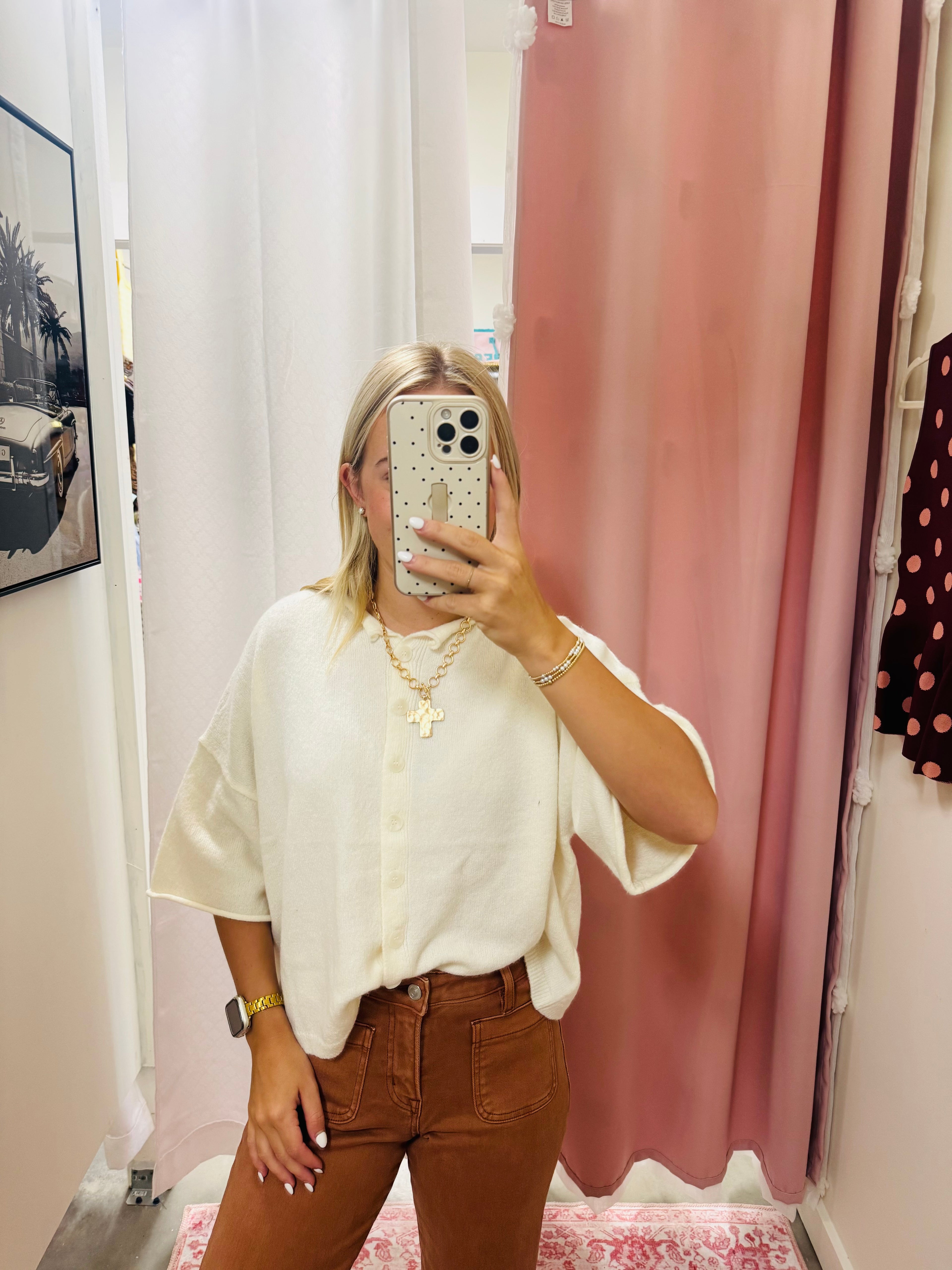 Short Sleeve Boxy Ivory Cardigan