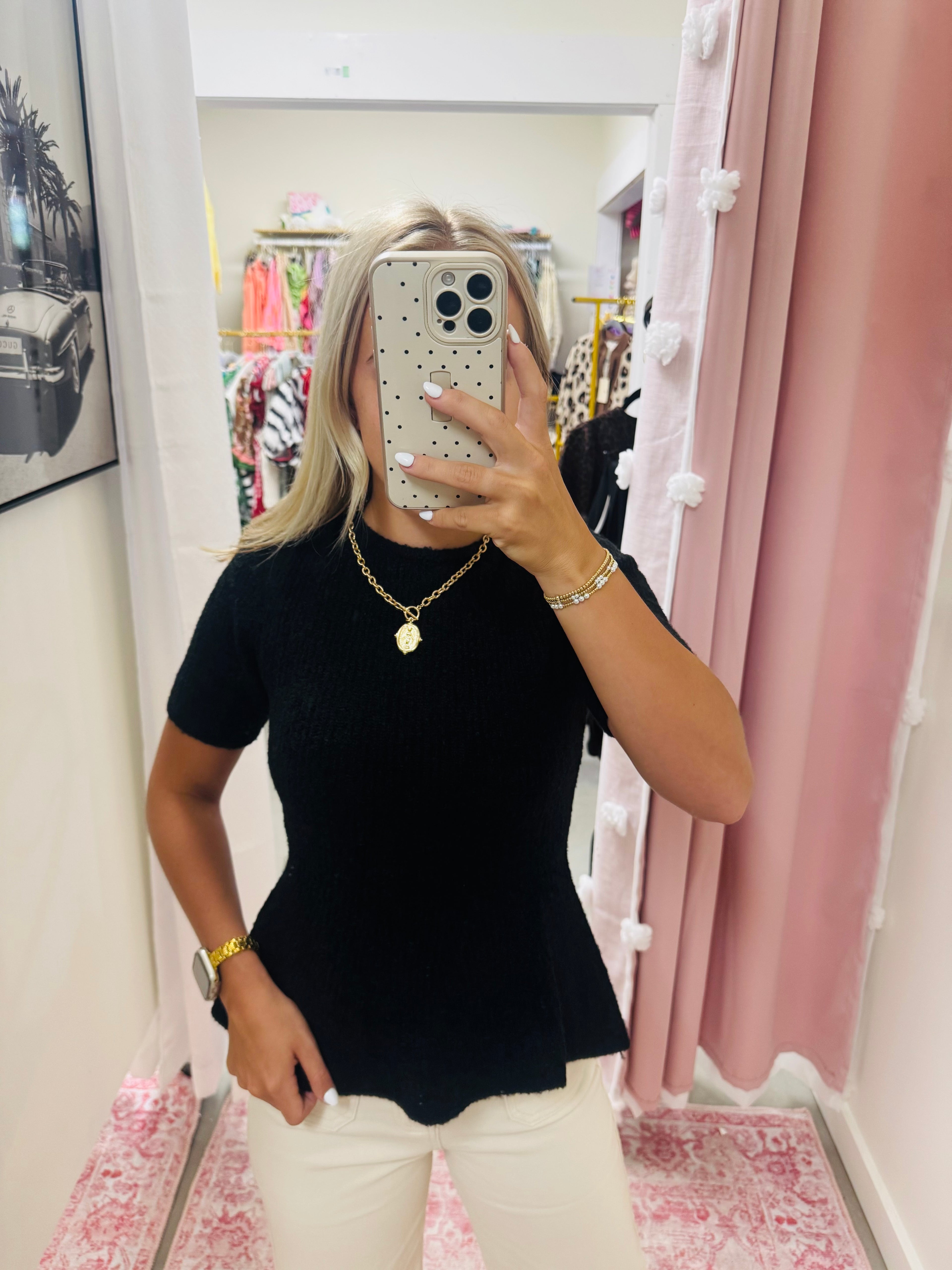 Black Texture Peplum Top