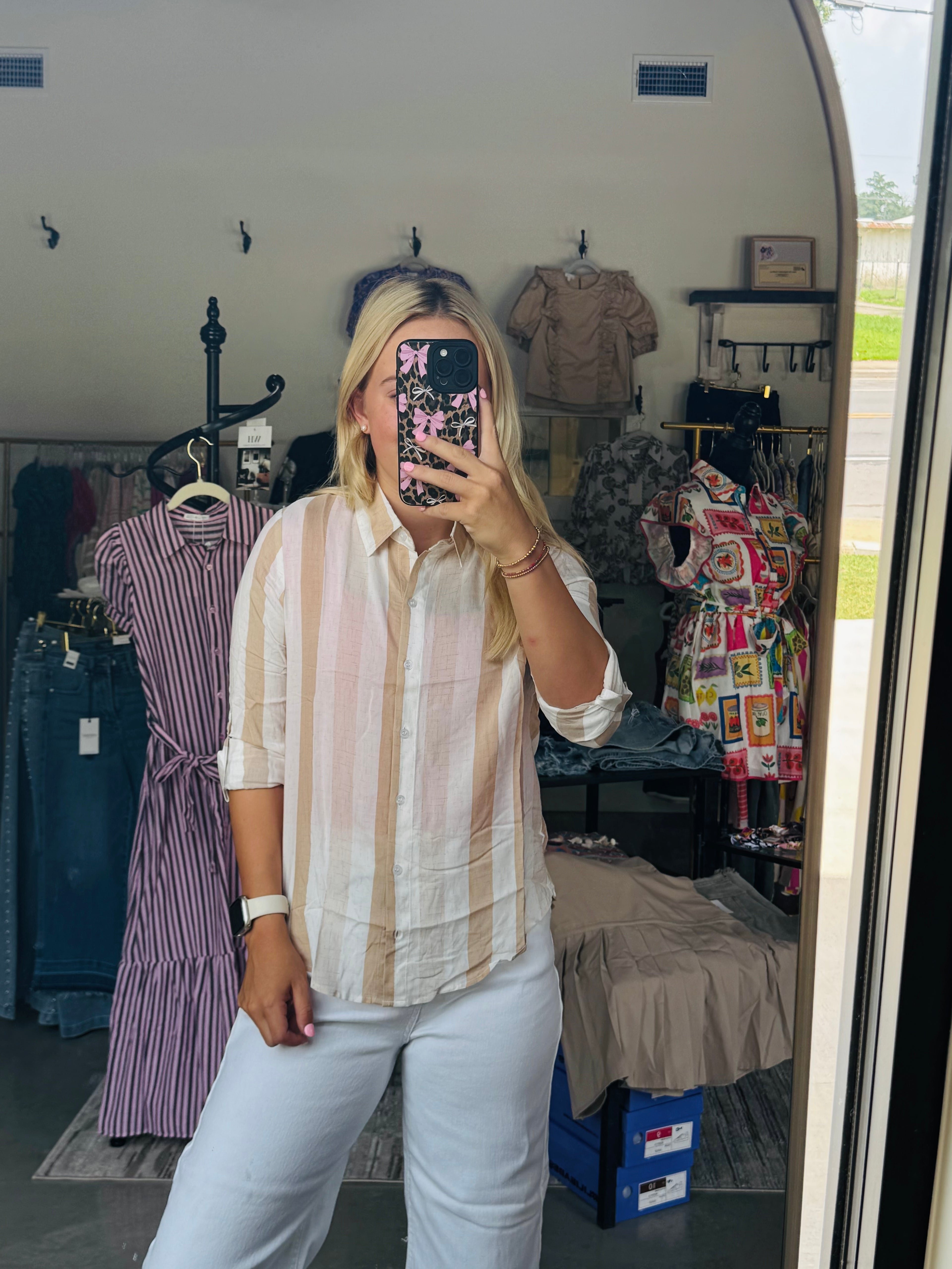 Taupe Striped Button Down