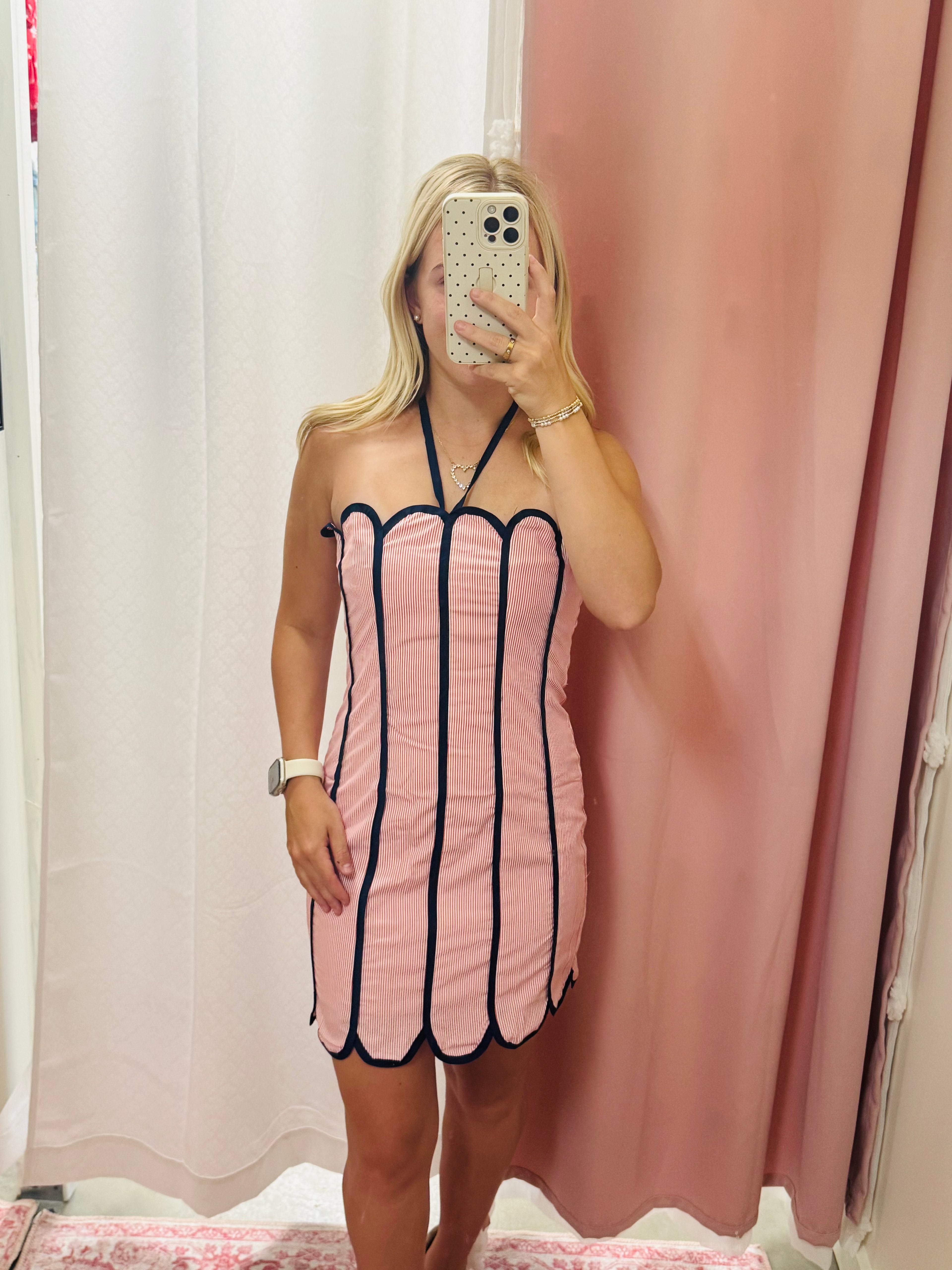 Stripe Scalloped Halter Dress