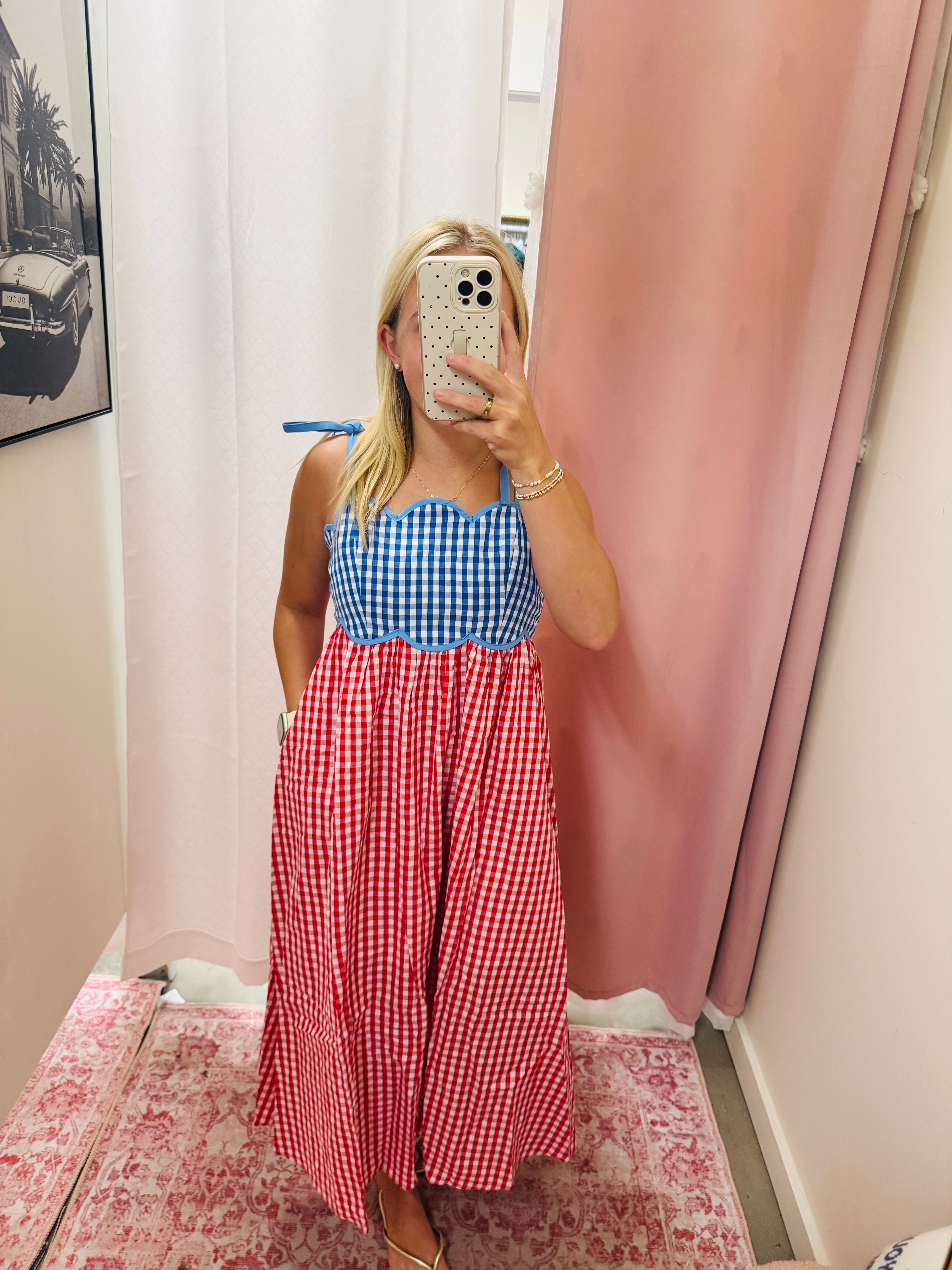 Cherry and Blue Gingham Maxi Dress