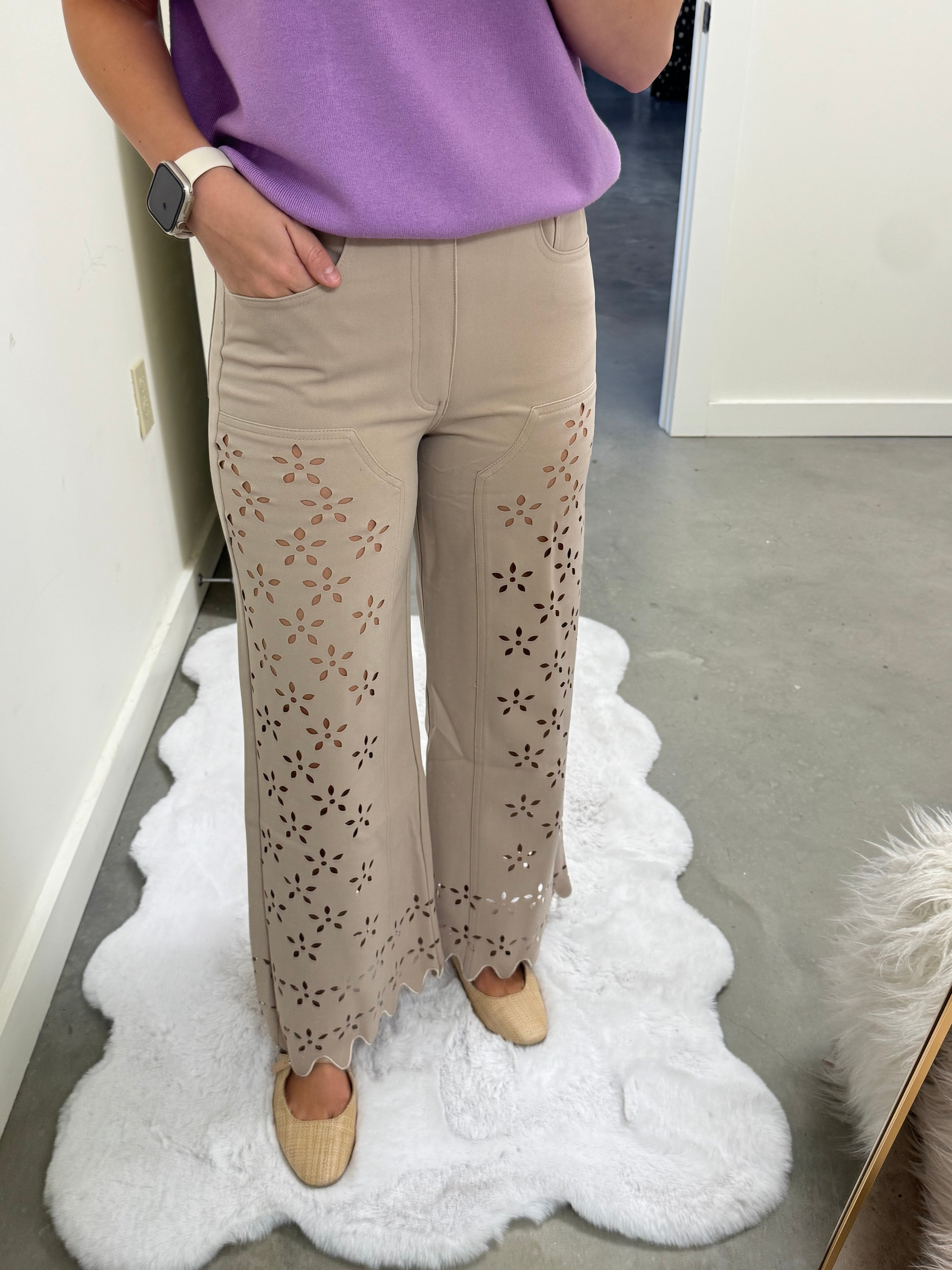 Sand Eyelet Wide Leg Pants