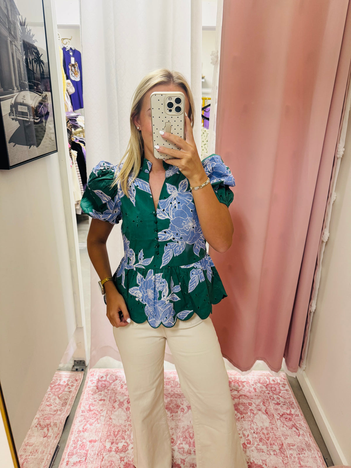 Blue and Green Floral Eyelet Blouse