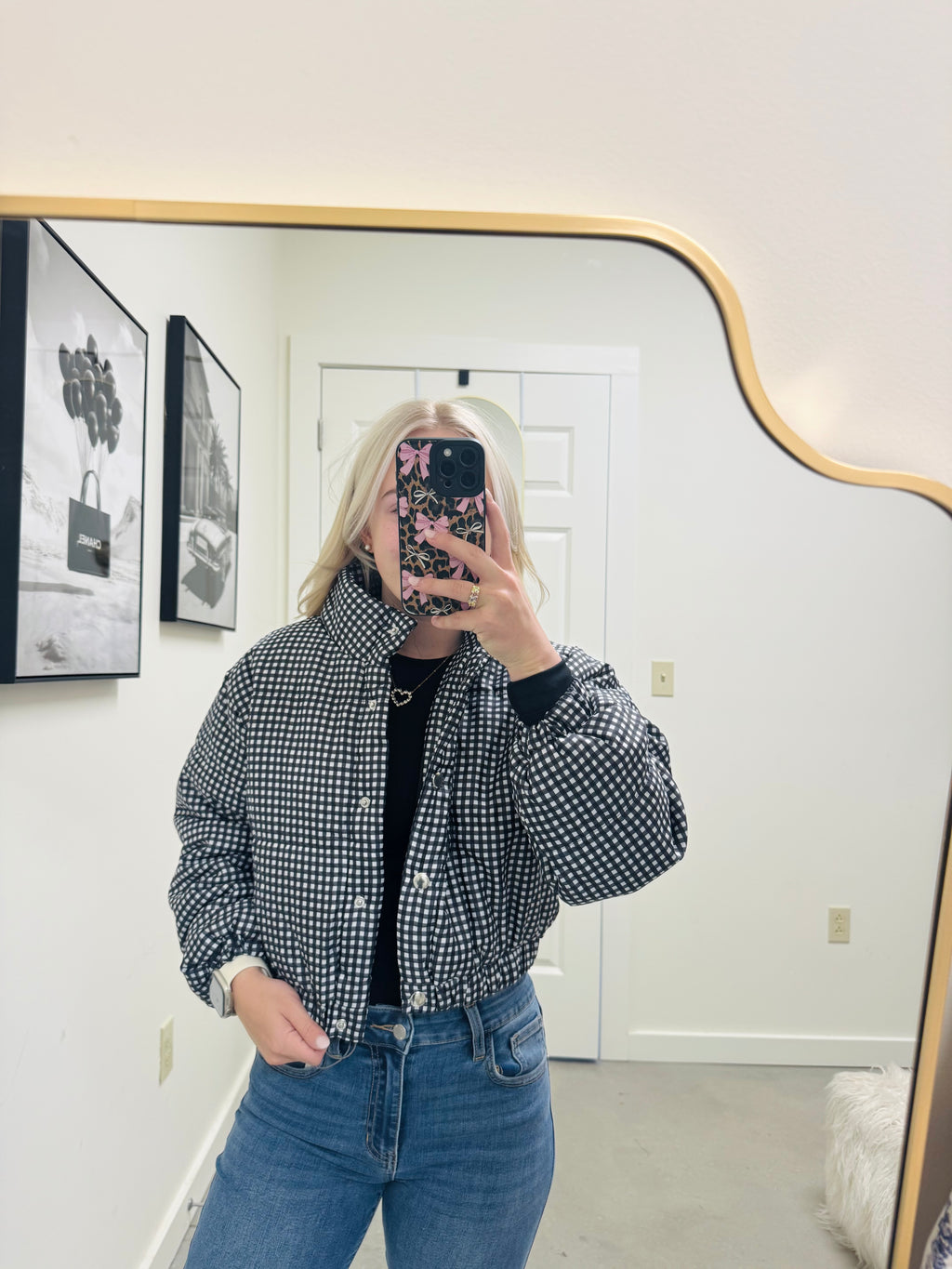 Black Gingham Puffer Jacket