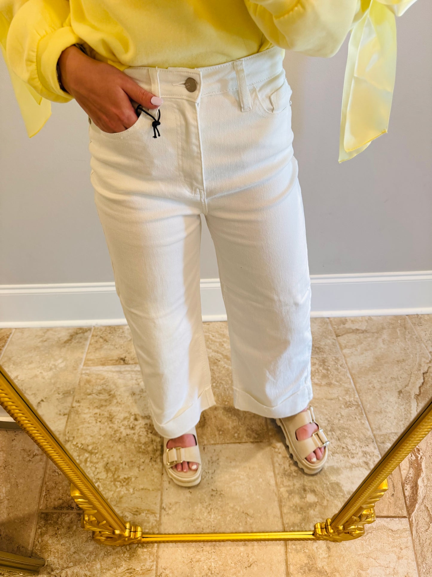 White Cuffed Wide Leg Jeans