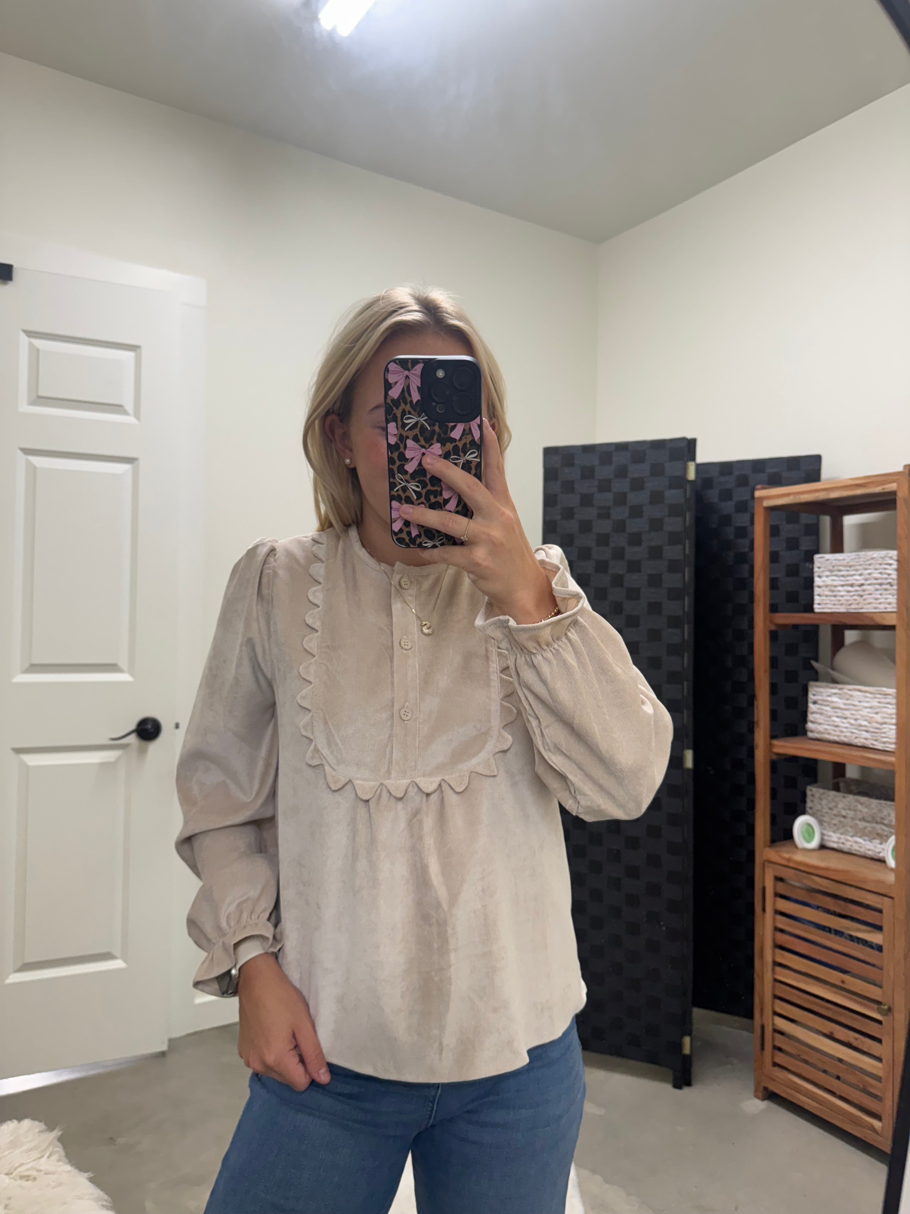 Suede Long Sleeve Cream Top