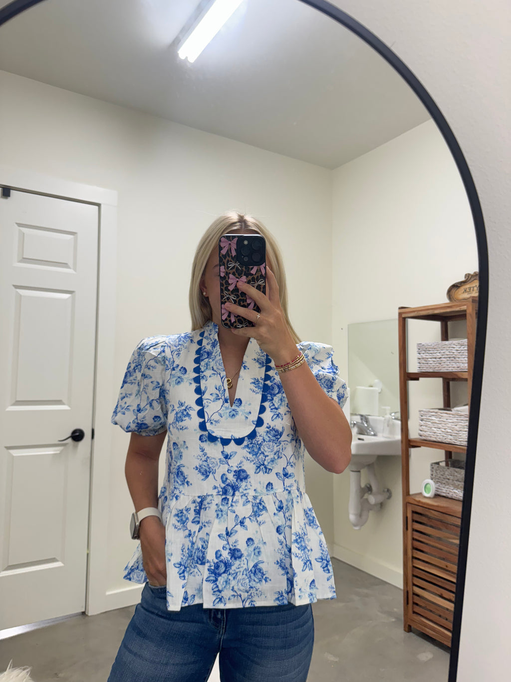 Blue and White Floral Peplum Top