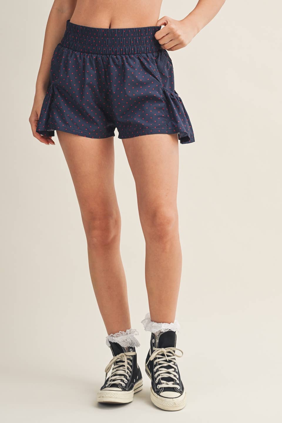 Navy Polka Dot Print Nylon Flare Shorts